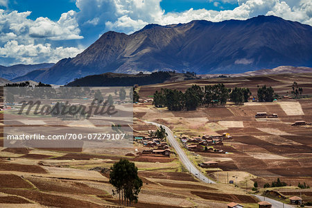 Scenic overview of farms and mountains near Chinchero, Sacred Valley of the Incas, Peru