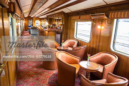 Interior of the bar car of the Hiram Bingham train, Sacred Valley of the Incas, Peru