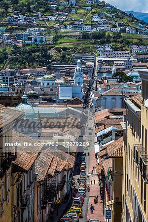 Cars Lined-up on Street, Historic Centre of Quito, Ecuador