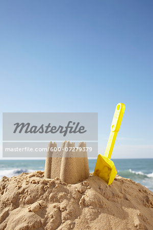 Sand Castle and Shovel at Beach, Biarritz, Pyrenees-Atlantiques, France