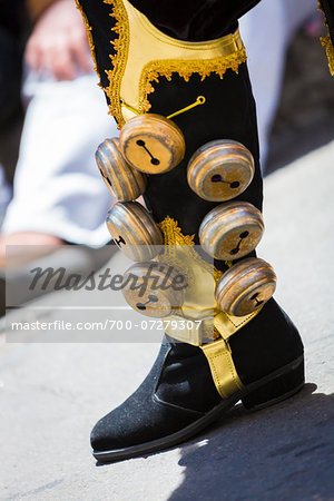 Close-up of Bells on Boots of Ecuadorian Dancer Performing a Bolivian Saya Dance, Old Town, Quito, Ecuador