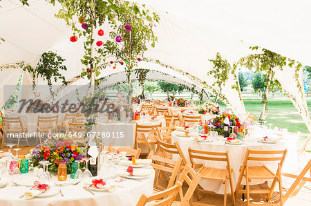 Decorated tables in garden marquee at wedding reception