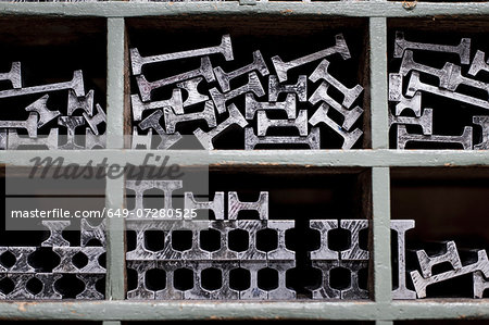 Close up of shelves and metal components in printing workshop