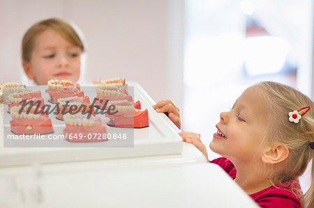 Two girls looking at false teeth