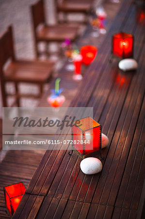 Tea lights and stones as table decoration, Dubrovnik, Croatia