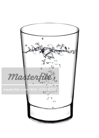 A glass of water and water splahes on white background