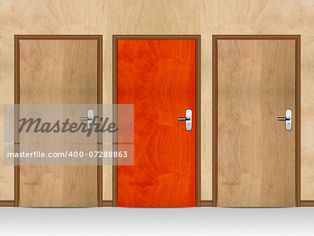 Two wooden doors and red one.