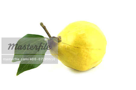 sweet quinces with leaves and slice on white