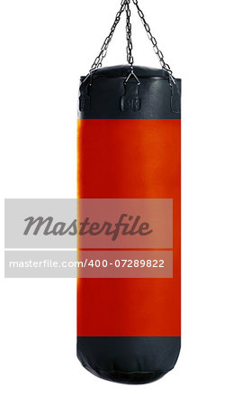 Punching bag for boxing or kick boxing sport, isolated on white background.
