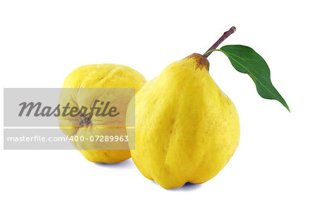 sweet quinces with leaves and slice on white  with a clipping path