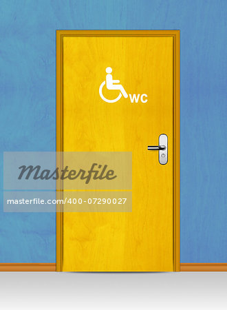 Sign of public toilets WC on wooden door