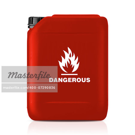 White plastic gallon, jerry can with flammable sign isolated on a white background.  (with clipping work path)