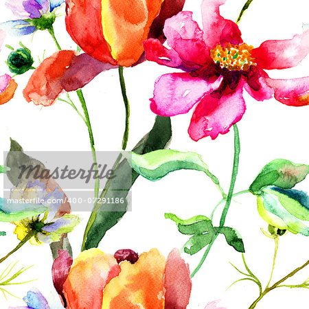 Watercolor illustration of Tulip flower, seamless pattern