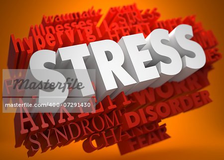 Stress - the Word in White Color on Cloud of Red Words on Orange Background.
