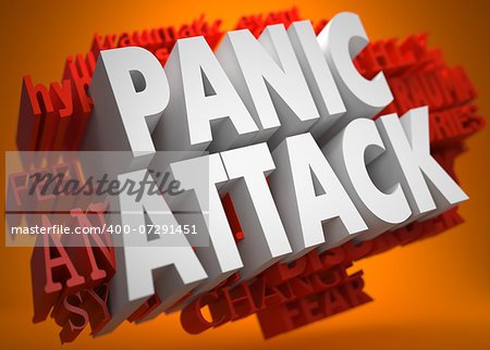 Pannic Attack - the Words in White Color on Cloud of Red Words on Orange Background.