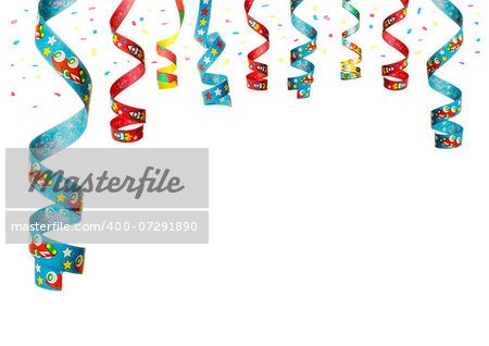streamers and confetti as decoration for parties, sylvester isolated, hanging with white background
