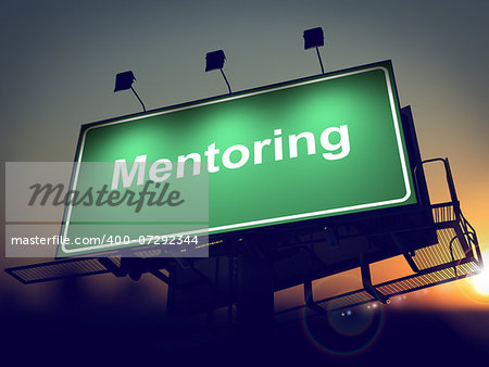 Mentoring - Green Billboard on the Rising Sun Background.