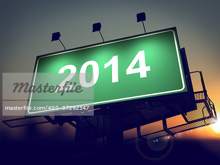 2014 Year - Green Billboard on the Rising Sun Background.