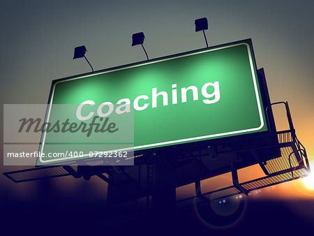 Coaching - Green Billboard on the Rising Sun Background.