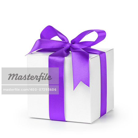 paper gift box wrapped with purple ribbon, isolated on white