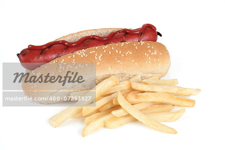 close up of hot dog on white background