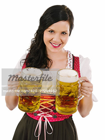 Photo of a beautiful woman wearing traditional dirndl and serving beer.