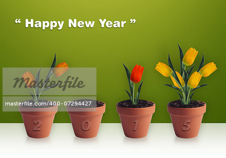 Happy new year 2014, Group of yellow tulips in clay container.