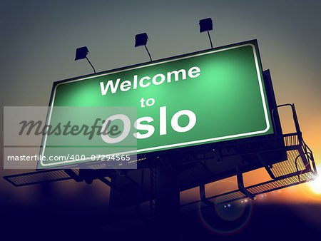 Welcome to Oslo - Green Billboard on the Rising Sun Background.