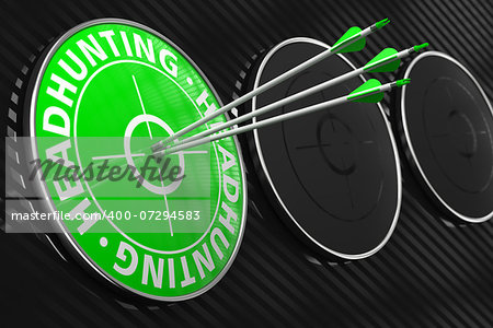 Headhunting Concept. Three Arrows Hitting the Center of Green Target on Black Background.