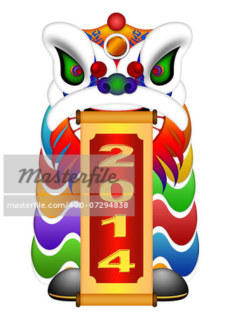 Chinese Lion Dance Colorful Ornate Head and Scroll with New Year 2014 Numerals Illustration Isolated on White Background