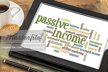 passive income word cloud  on a digital tablet with a cup of coffee