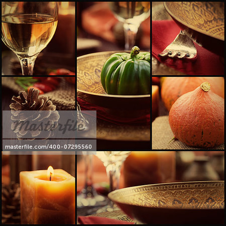 Restaurant series. Collage of autumn place setting.  Fall season fruit, pumpkins, plates, wine and candles.Luxury dining