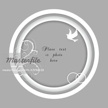 Vector white wedding tunnel frame with a dove, flourish and wedding rings
