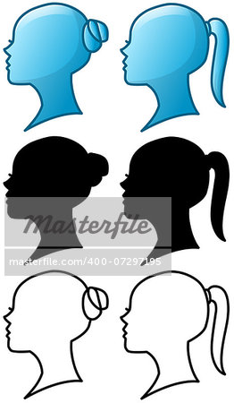 Vector illustrations of woman's head icons and silhouettes and line art pack.