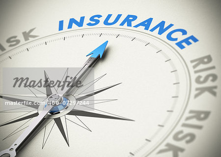 Compass needle pointing the word insurance. Concept image blue and beige tones