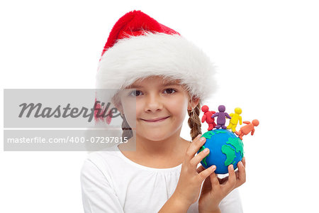 A world of happy christmas people - togetherness concept with little girl and clay people on globe, isolated