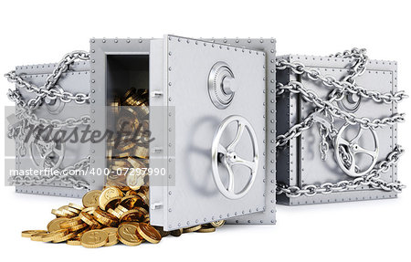 open safe with a bunch of gold coins. isolated on white.