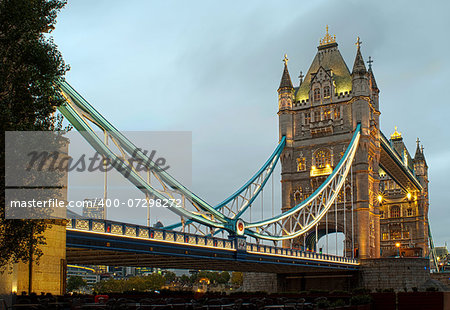 London Tower bridge on sunset illuminated with different colors