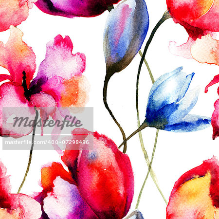 Original watercolor illustration with flowers, seamless pattern