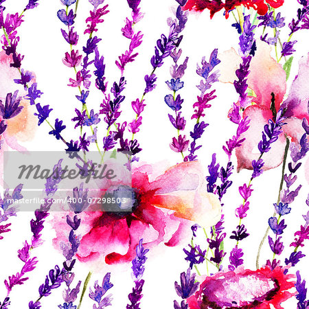 Seamless pattern with wild flowers, watercolor illustration