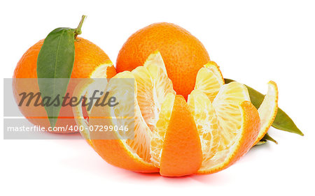 Fresh Ripe Tangerine Full Body with Leafs and  Segments with Citrus Peel isolated on white background