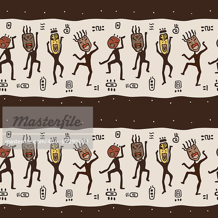 Dancing figures wearing African masks.  Primitive art. Seamless Vector Illustration.