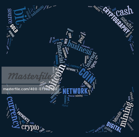 bitcoin logo word cloud with blue wordings on blue background