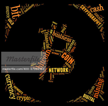 bitcoin logo word cloud with orange wordings on black background