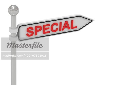 SPECIAL arrow sign with letters on isolated white background