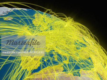 Illustration of Europe from space with glowing yellow connections between cities and continents representing global airline networks. Elements of this image furnished by NASA