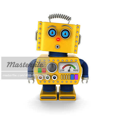 Cute yellow vintage toy robot with a surprised facial expression over white background