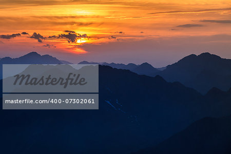Sunset over the Fagaras Mountains, Romania. View from Moldoveanu Peak. 2544m