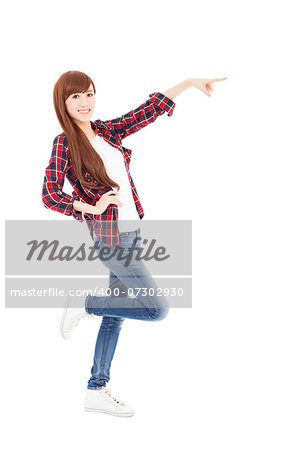 happy young  woman hand pointing something