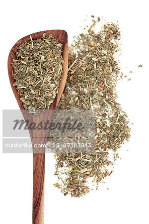 Agrimony herb used in herbal medicine in a wooden spoon over white background.